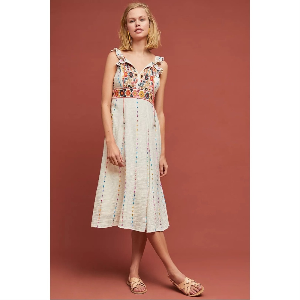 Anthropologie Cream Midi Dress with Multicolor Embroidery